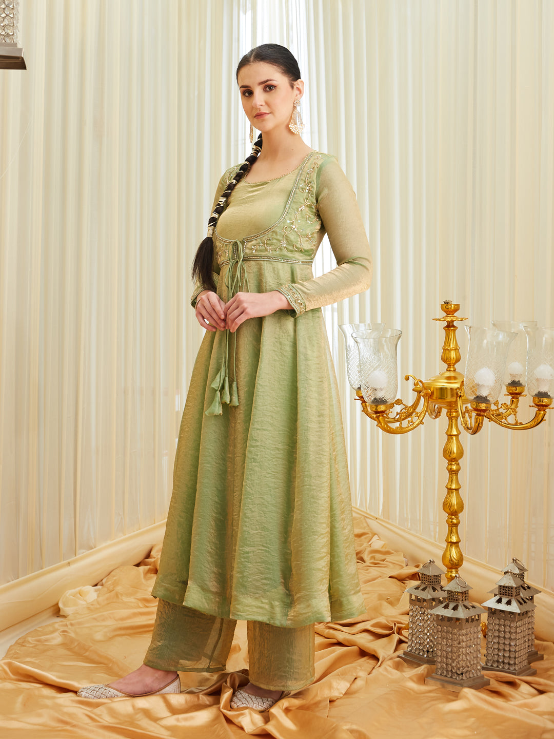 Pista Silk Embroidered Anarkali Kurta Set with Dupatta for Women