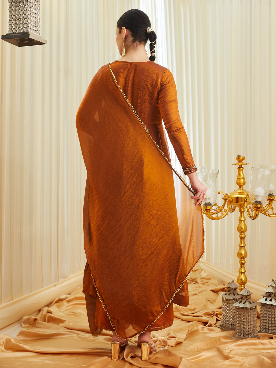 Rust Silk Embroidered Anarkali Kurta Set with Dupatta for Women | backside view