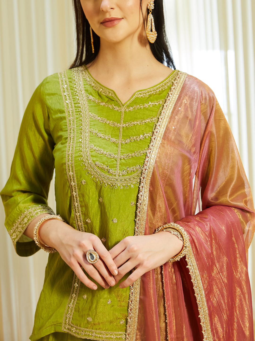 Pista Silk Embroidered Top Sharara Set with Dupatta