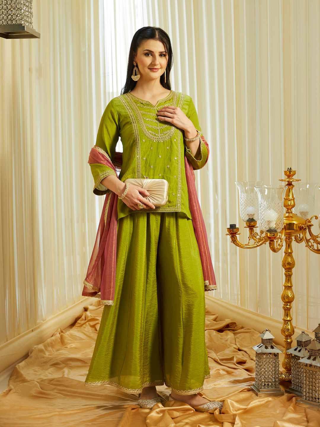 Pista Silk Embroidered Top Sharara Set with Dupatta