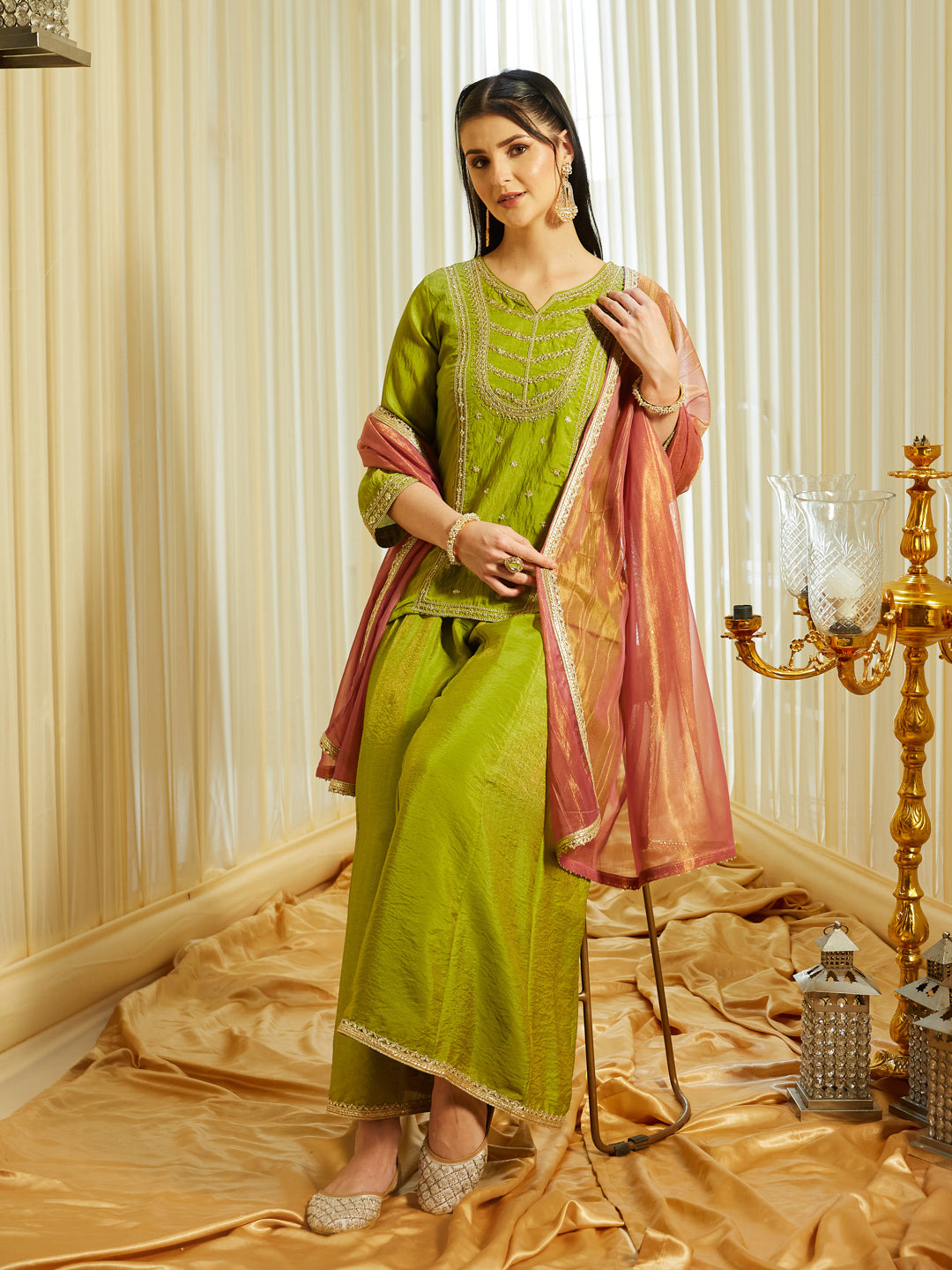 Pista Silk Embroidered Top Sharara Set with Dupatta