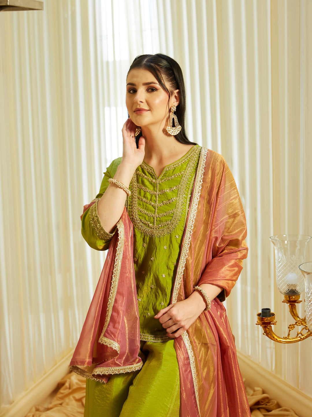 Pista Silk Embroidered Top Sharara Set with Dupatta