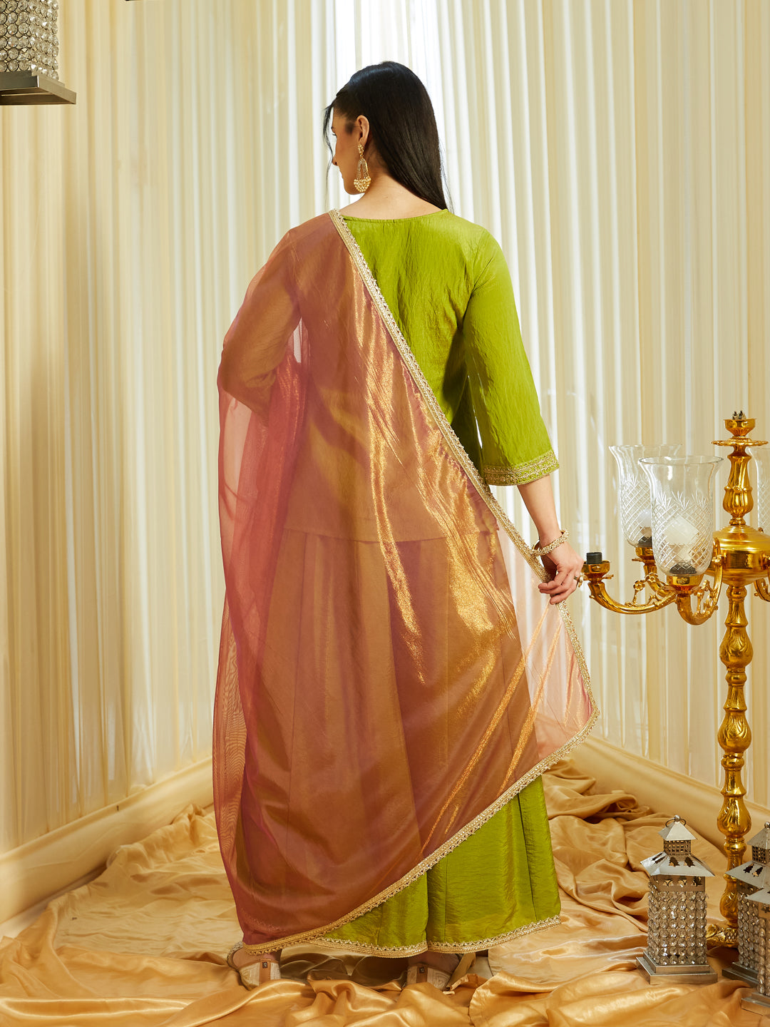 Pista Silk Embroidered Top Sharara Set with Dupatta