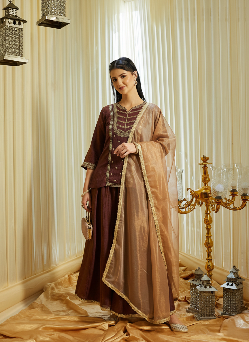 Brown Silk Embroidered Top Sharara Set with Dupatta