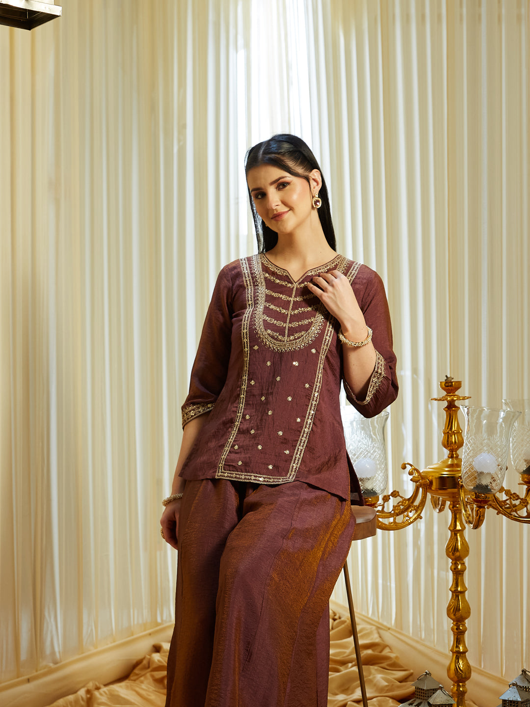Brown Silk Embroidered Top Sharara Set with Dupatta