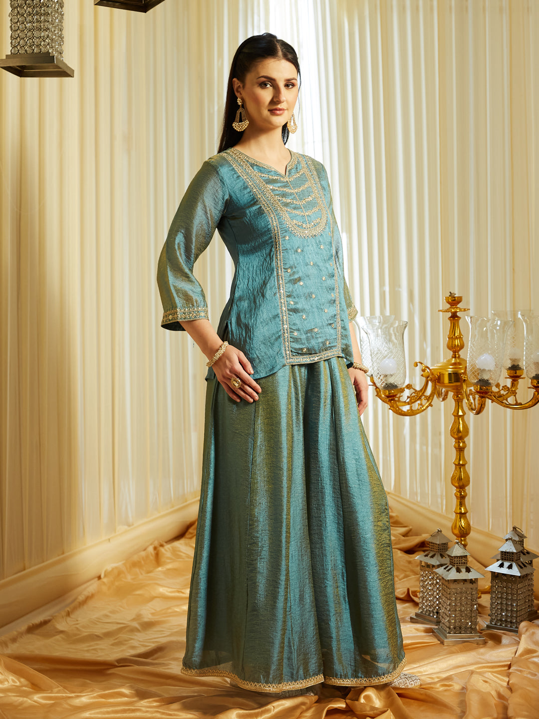 Sky Blue Silk Kurta Sharara Set with Organza Dupatta For Women