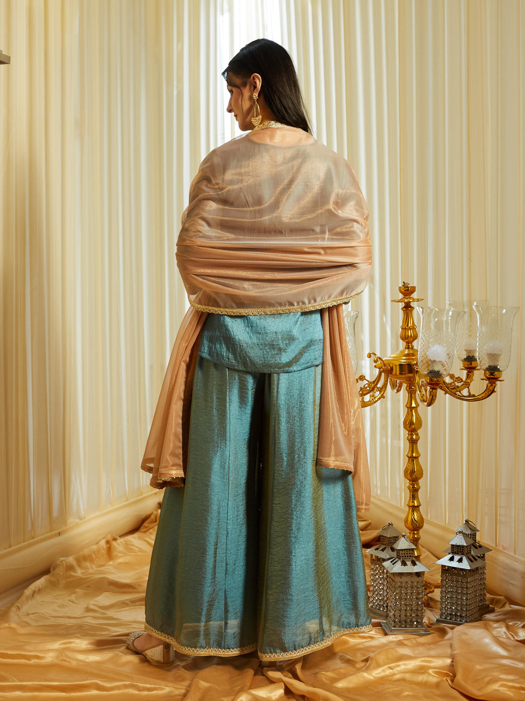 Sky Blue Silk Kurta Sharara Set with Organza Dupatta For Women