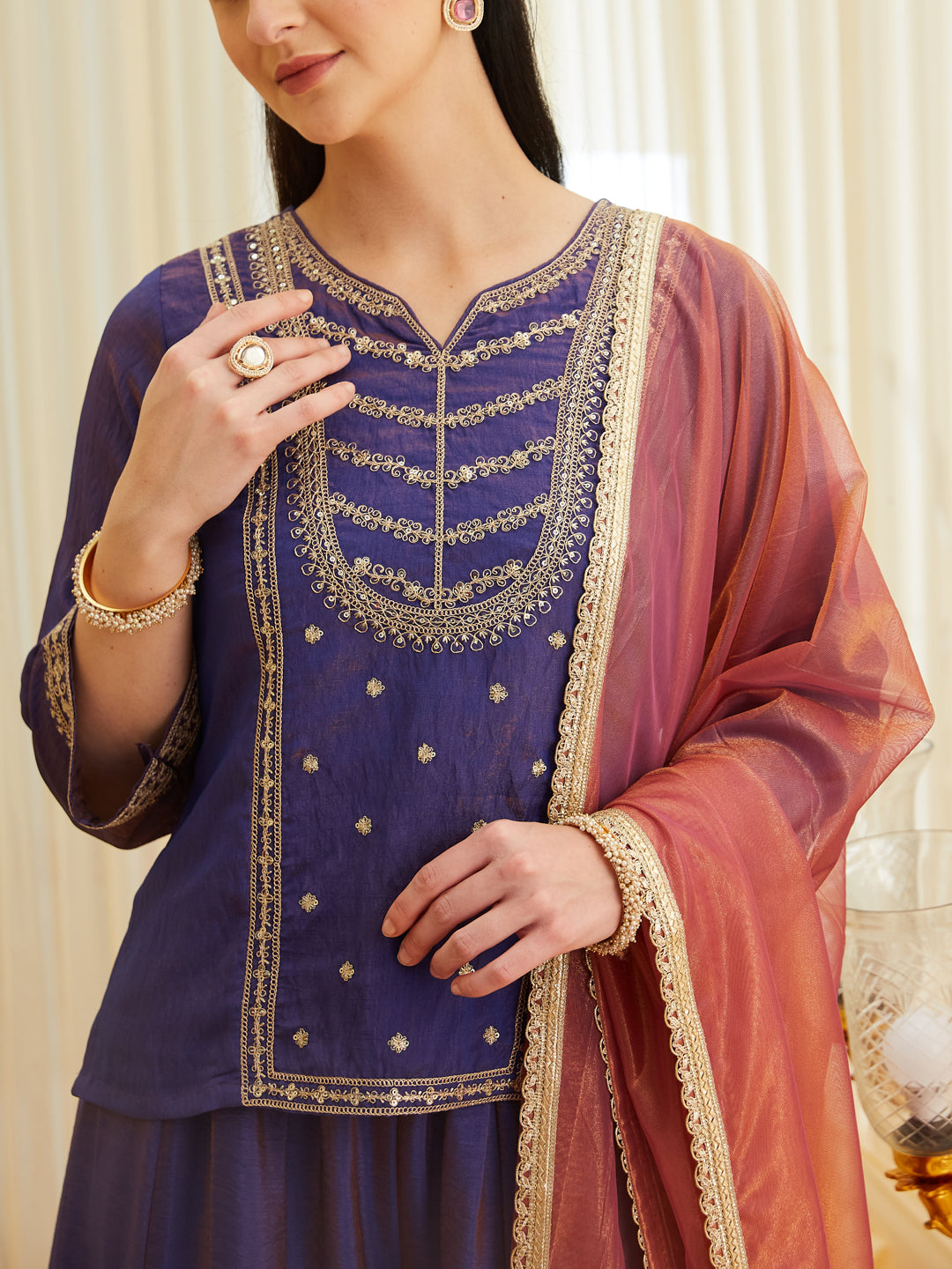 Violet Silk Embroidered Top Sharara Set with Dupatta