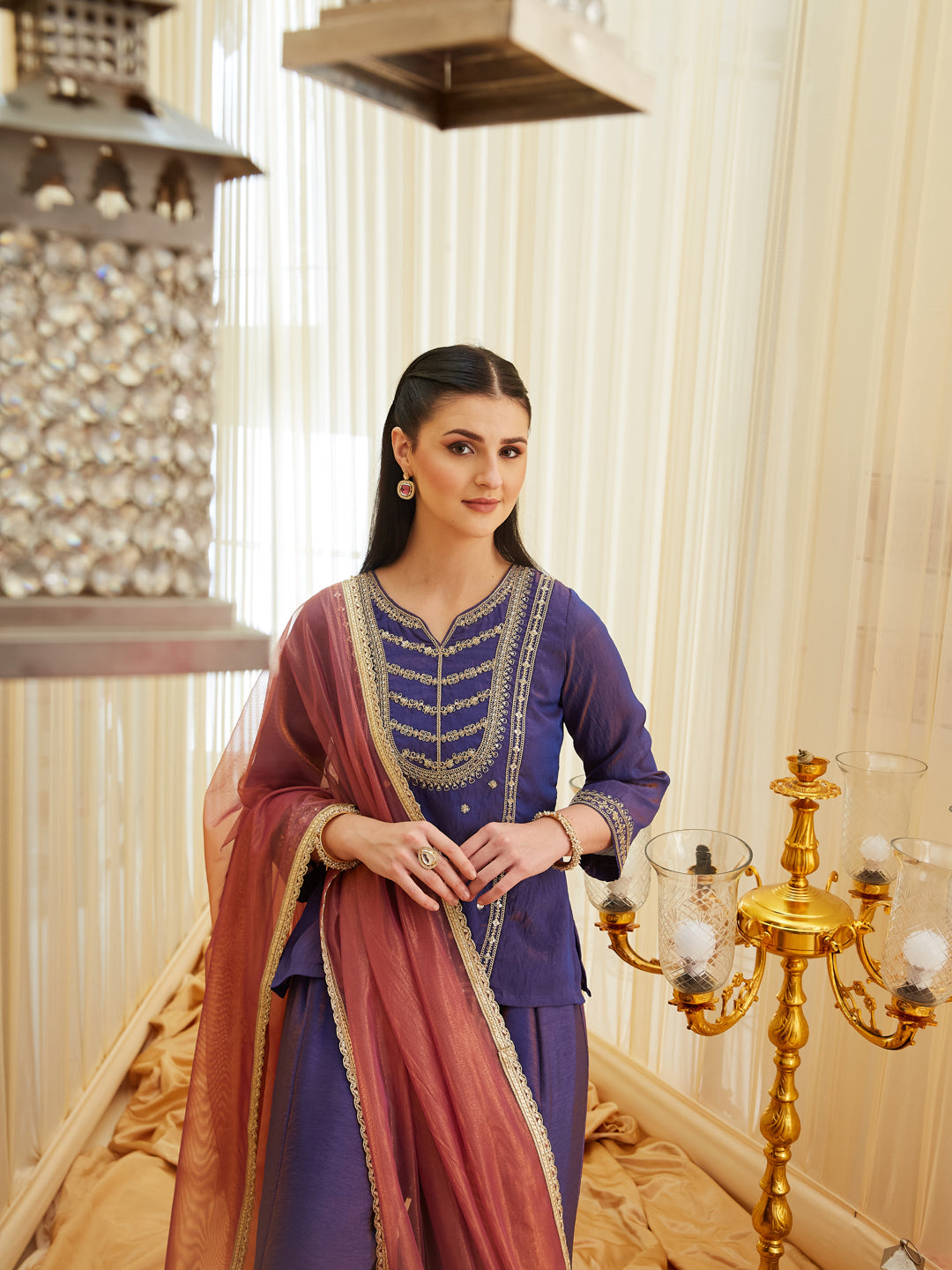 Violet Silk Embroidered Top Sharara Set with Dupatta | front side half view