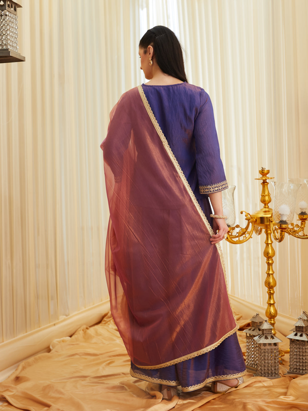 Violet Silk Embroidered Top Sharara Set with Dupatta | back side full view