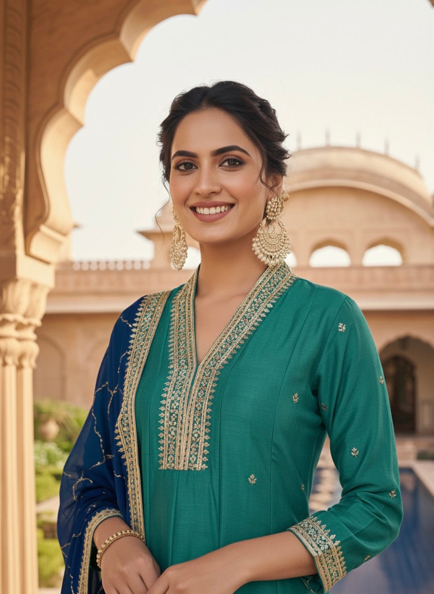 Firozi Embroidered Silk Anarkali Kurta With Dupatta Set