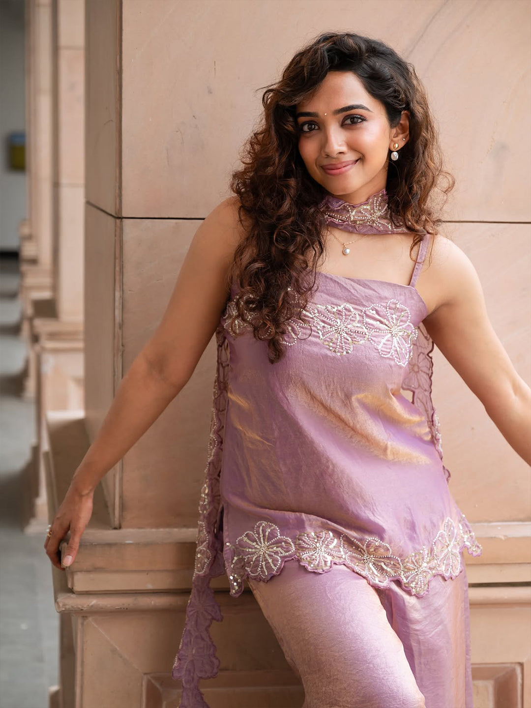 Saanve Megghana in Colors of earth - Women’s Lavender Silk Embroidered Palazzo Set