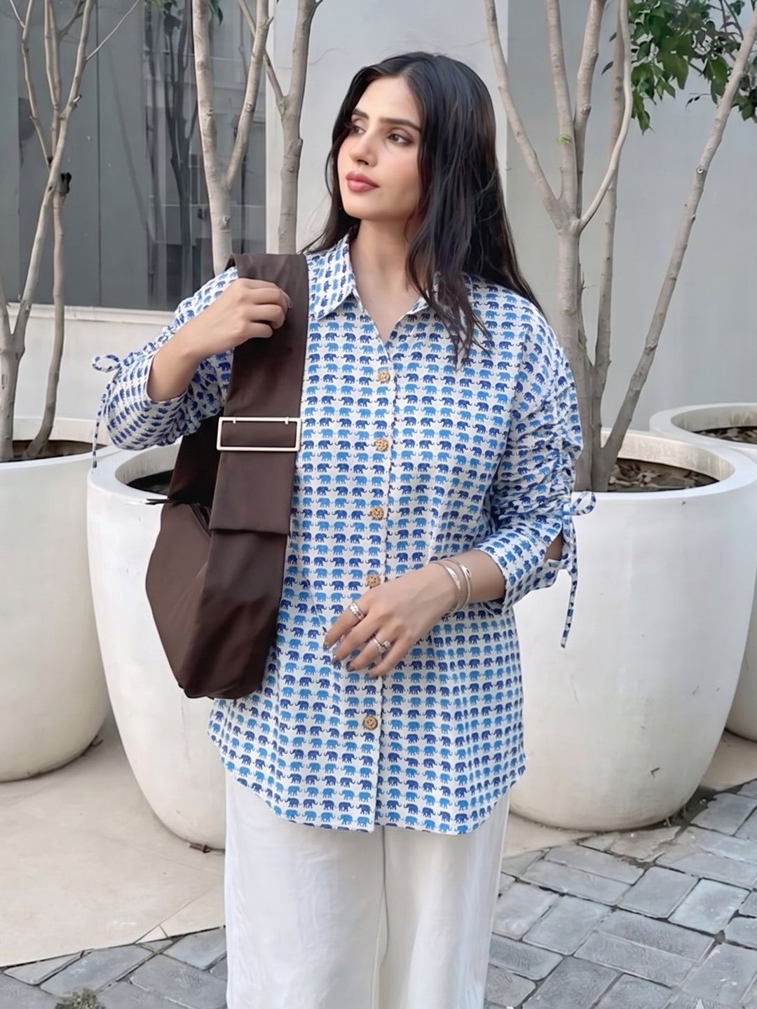 Blue Printed Cotton Casual Shirt for Women