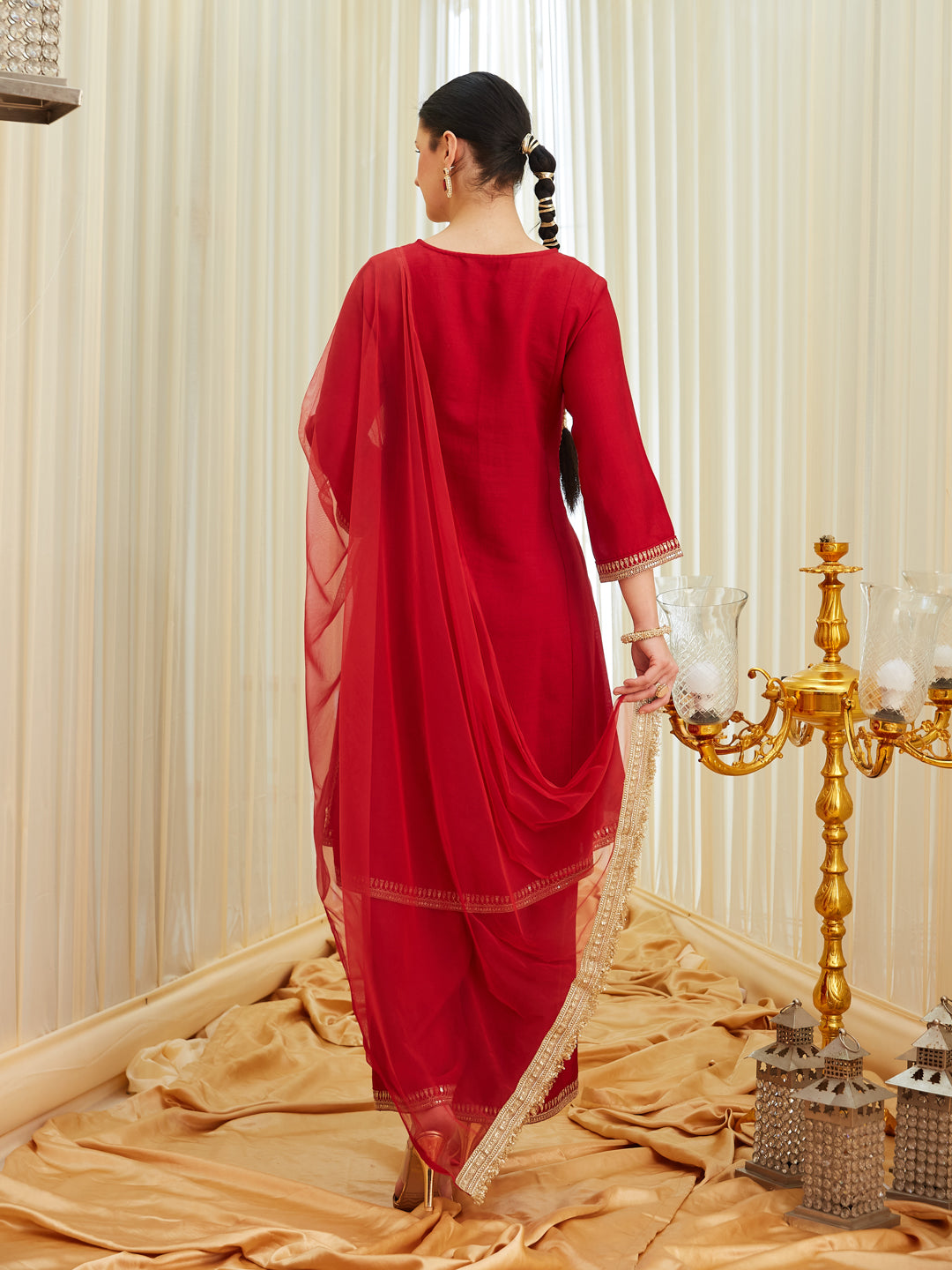 Red Silk Embroidered Anarkali Kurta Set with Dupatta