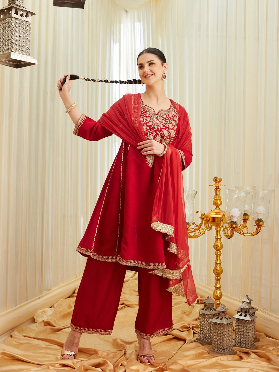 Red Silk Embroidered Anarkali Kurta Set with Dupatta