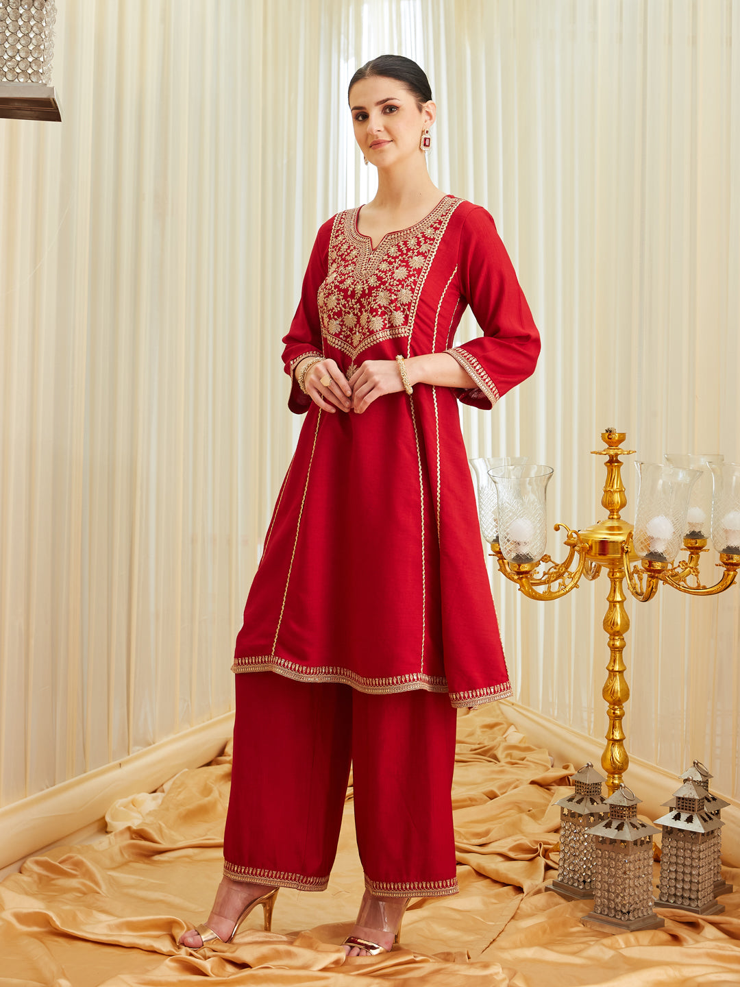 Red Silk Embroidered Anarkali Kurta Set with Dupatta