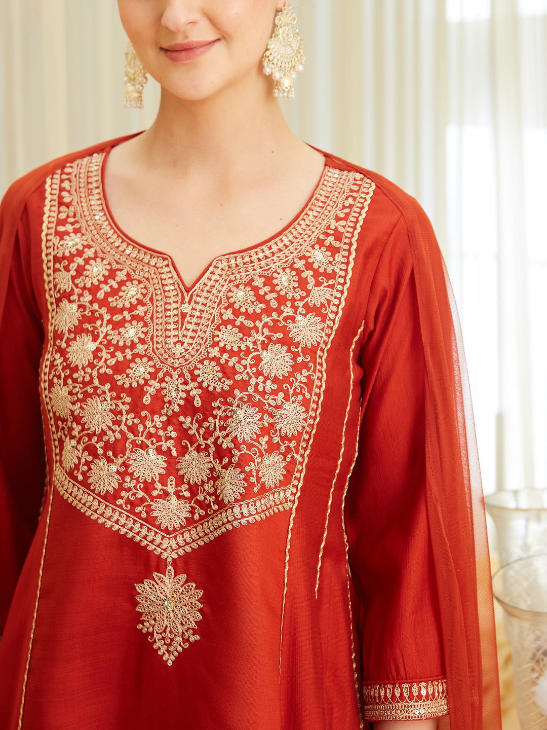Rust Silk Embroidered Anarkali Kurta Set with Dupatta | neckside design view