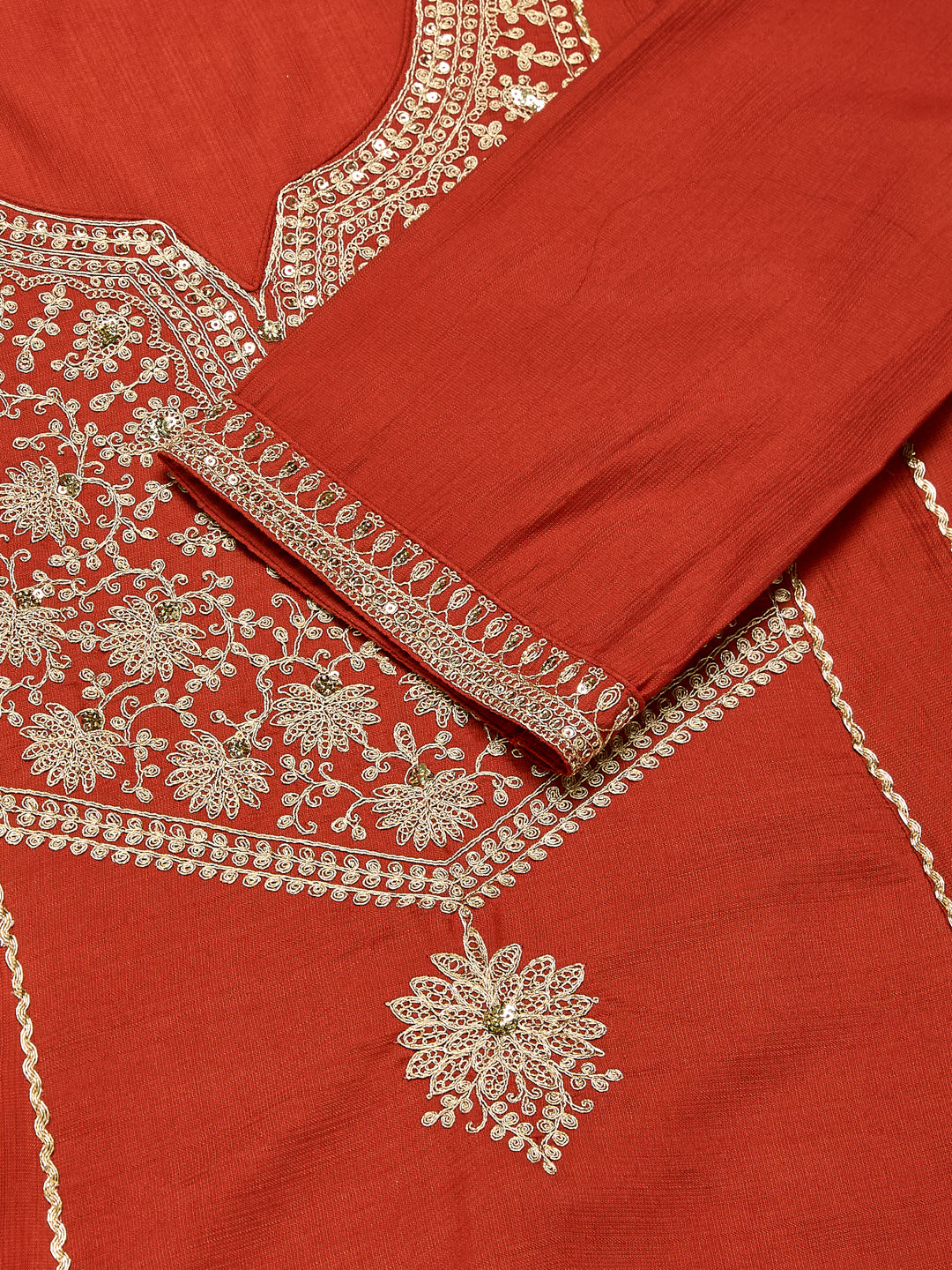 Rust Silk Embroidered Anarkali Kurta Set with Dupatta | neckside designview