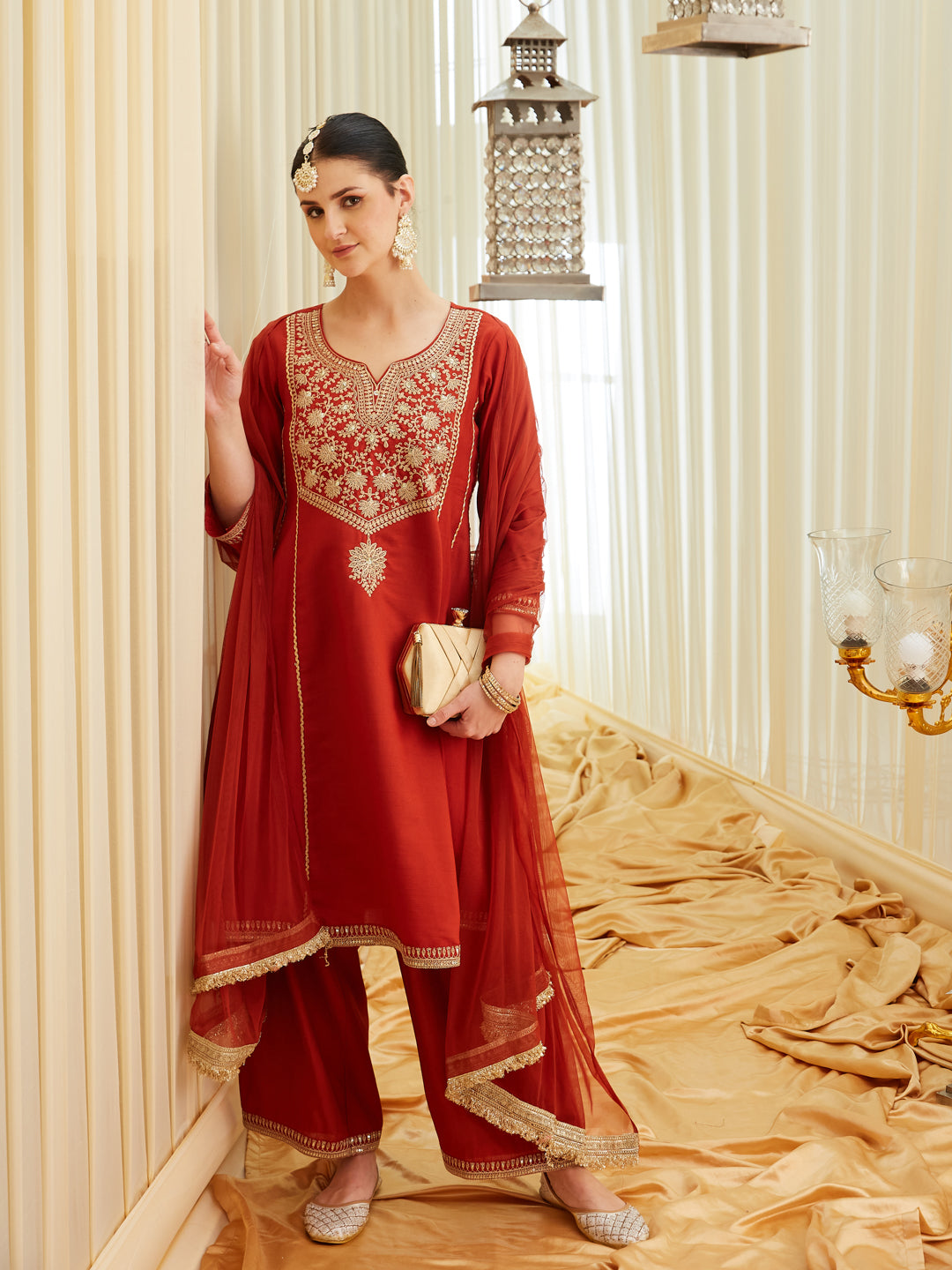 Rust Silk Embroidered Anarkali Kurta Set with Dupatta |frontside full view