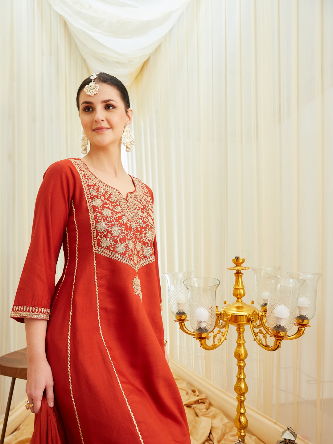 Rust Silk Embroidered Anarkali Kurta Set with Dupatta