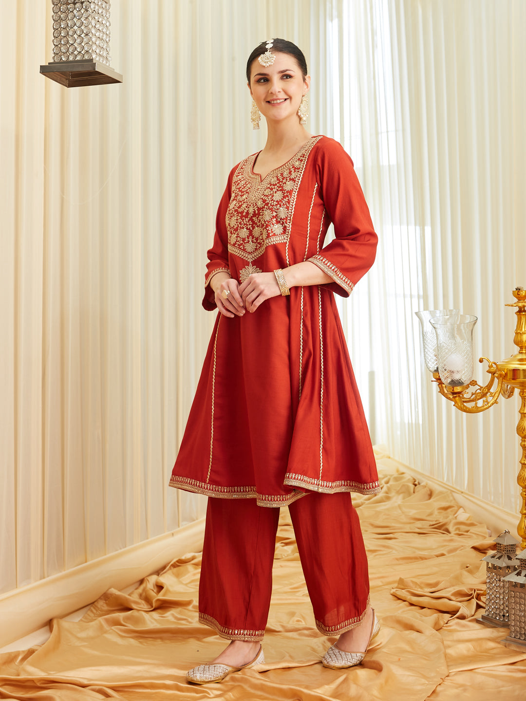 Rust Silk Embroidered Anarkali Kurta Set with Dupatta | leftside full view