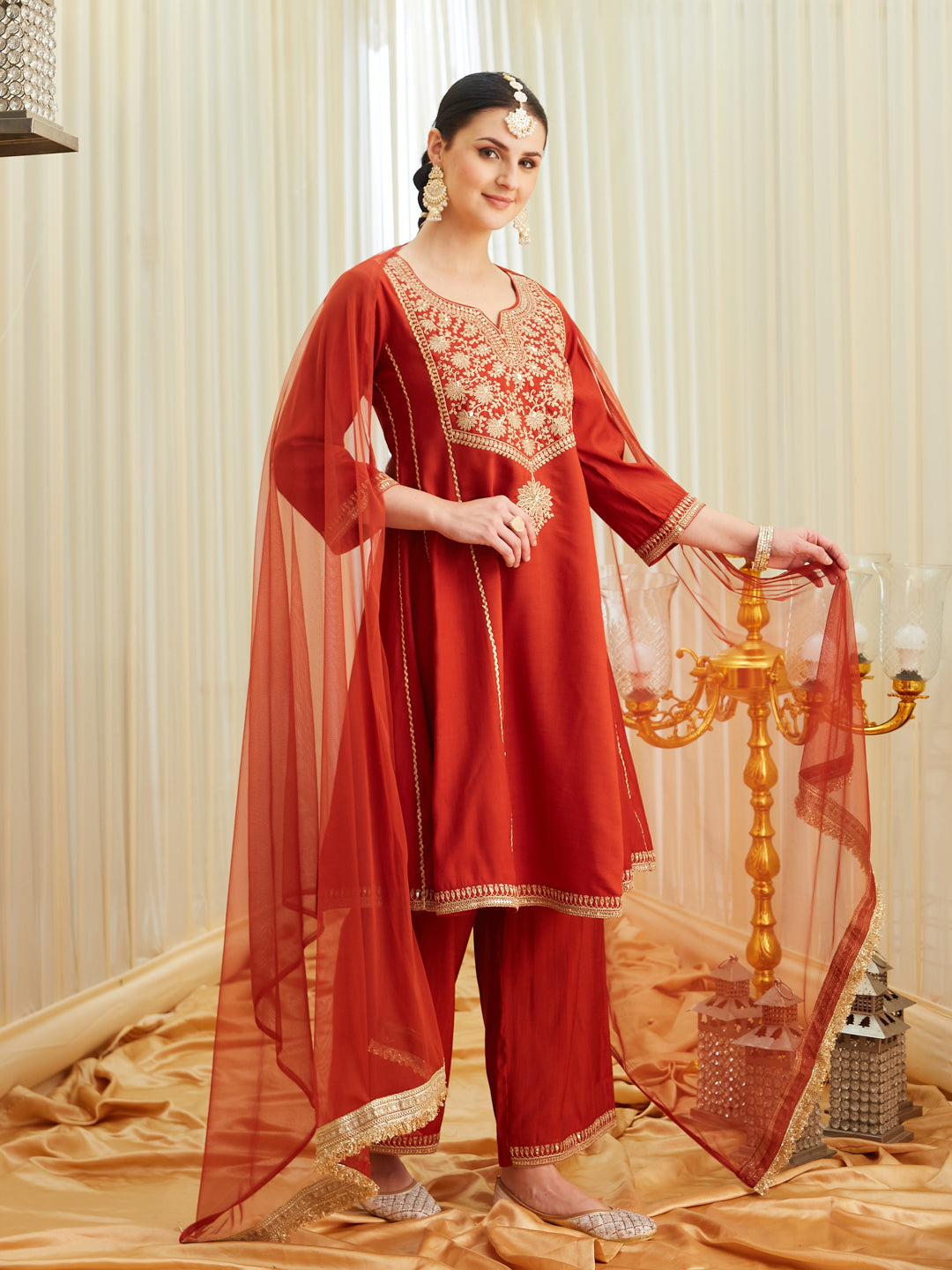 Rust Silk Embroidered Anarkali Kurta Set with Dupatta