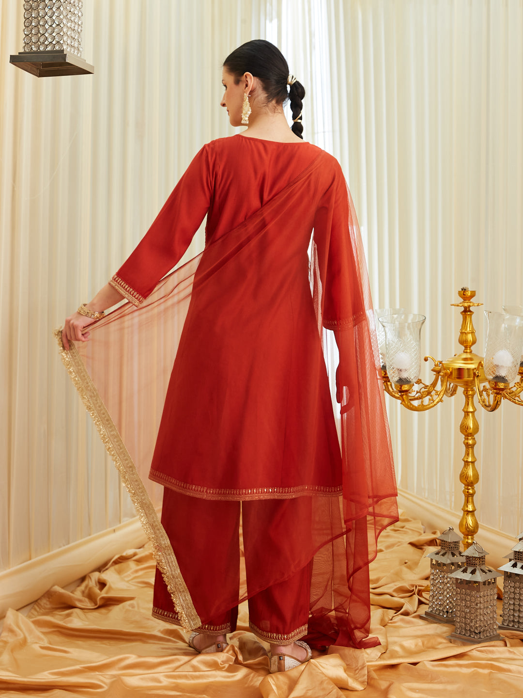 Rust Silk Embroidered Anarkali Kurta Set with Dupatta | backside full view