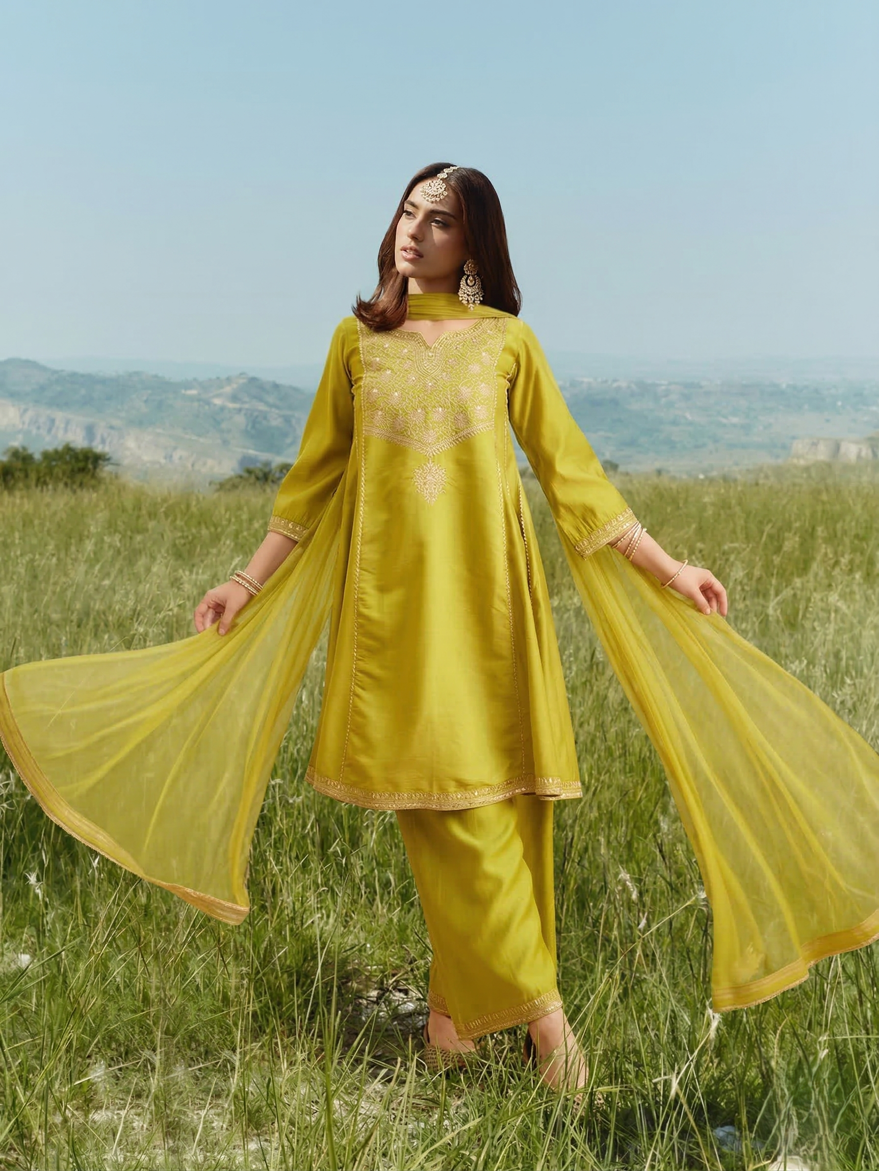 Neon Silk Embroidered Anarkali Kurta Set with Dupatta