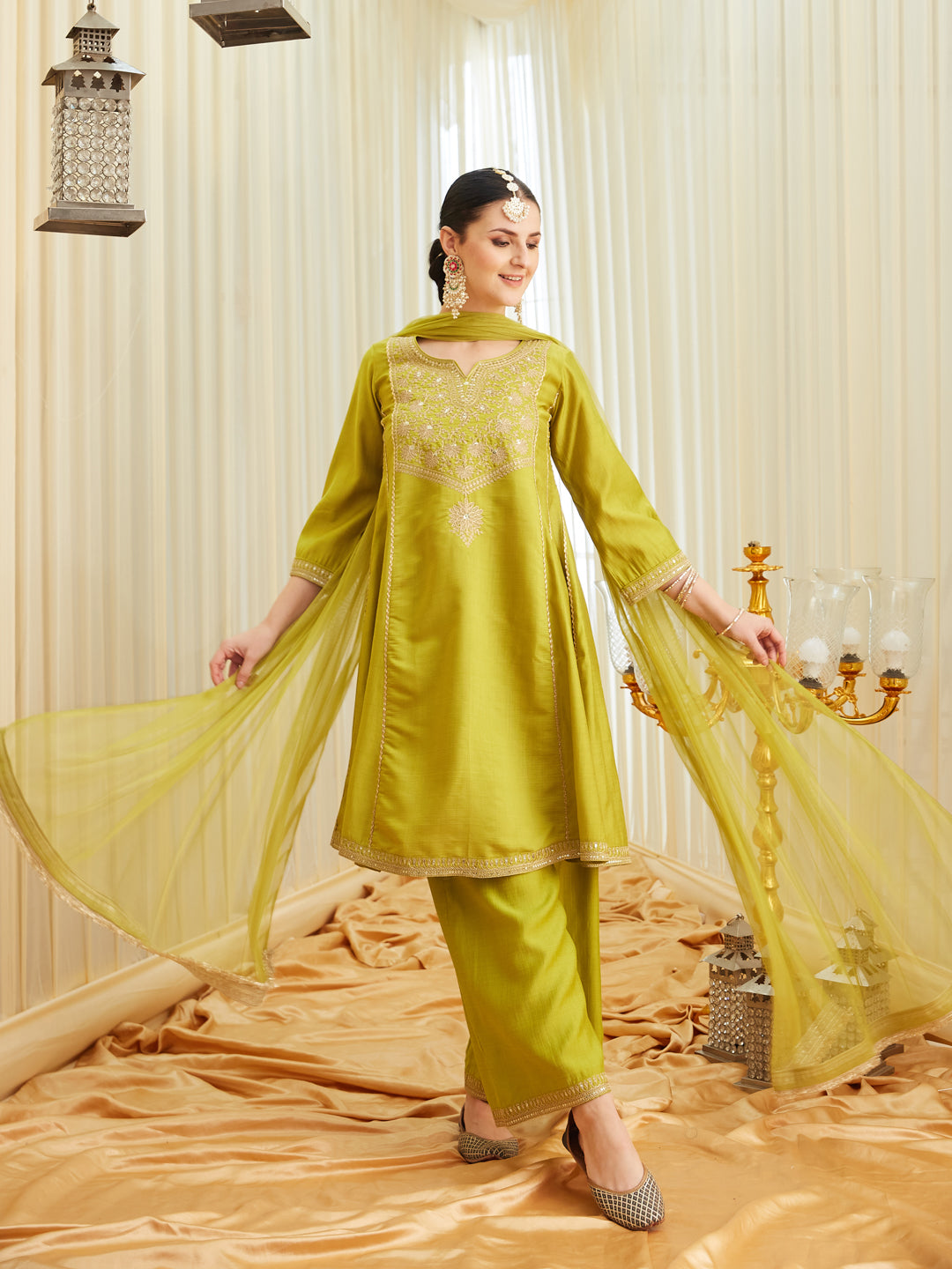Neon Silk Embroidered Anarkali Kurta Set with Dupatta