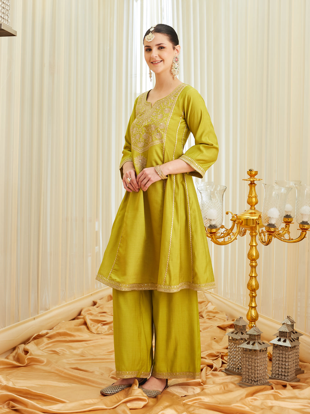 Neon Silk Embroidered Anarkali Kurta Set with Dupatta | leftside full view