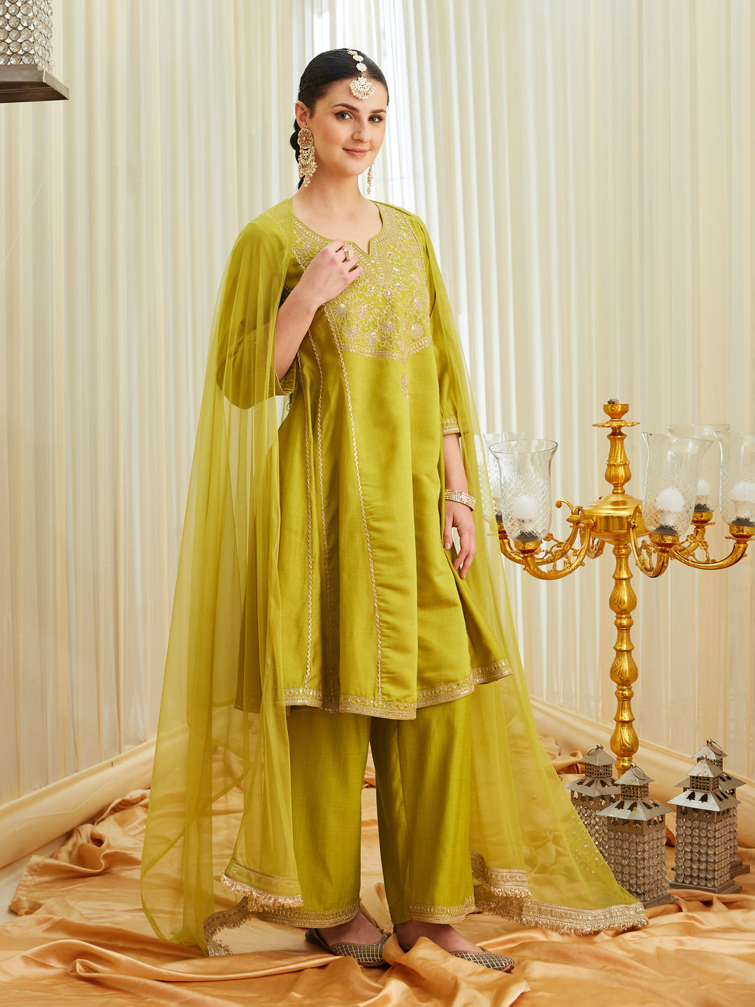 Neon Silk Embroidered Anarkali Kurta Set with Dupatta | rightside full view