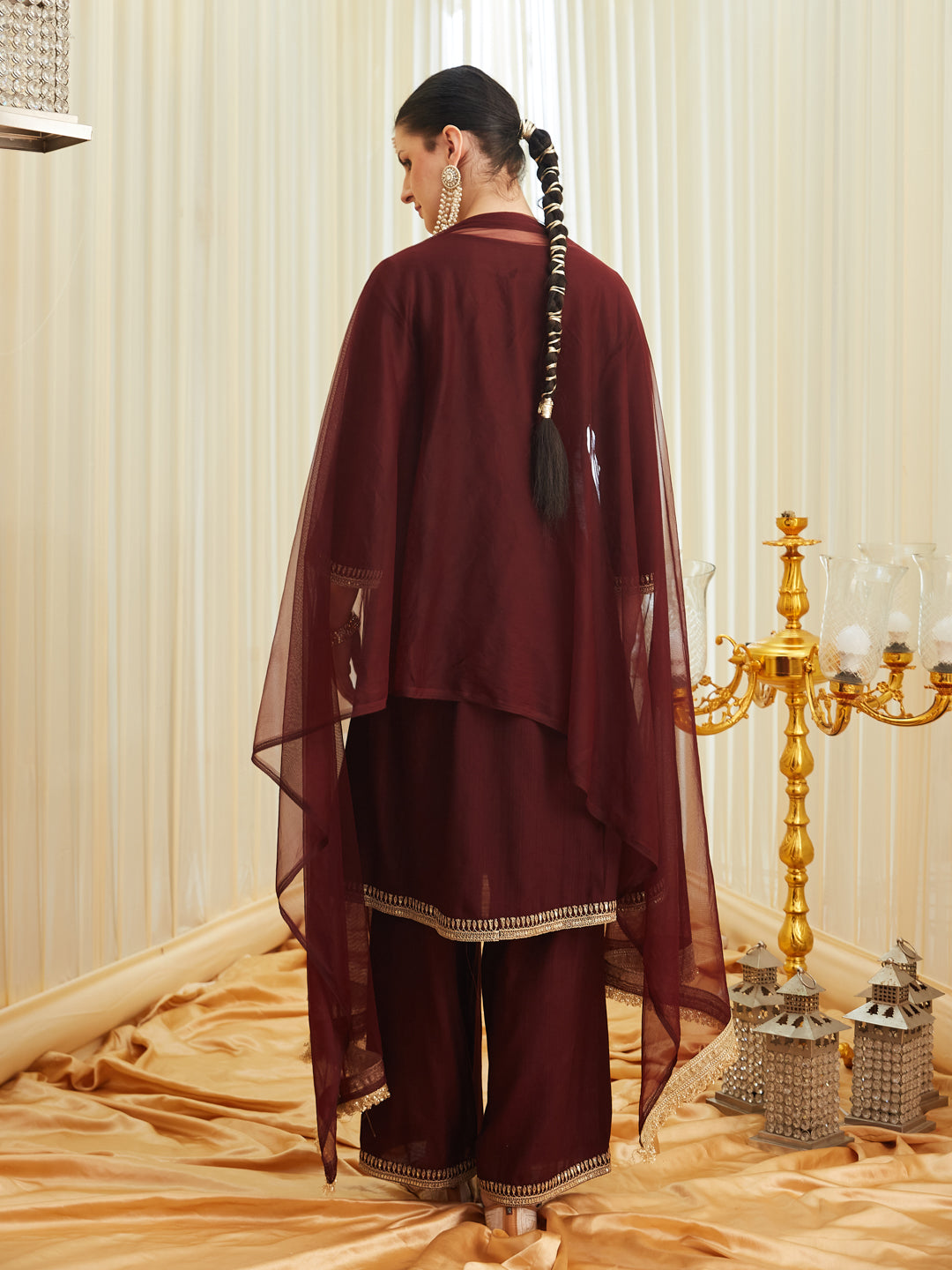 Coffee Silk Embroidered Anarkali Kurta Set with Dupatta | backside full iew