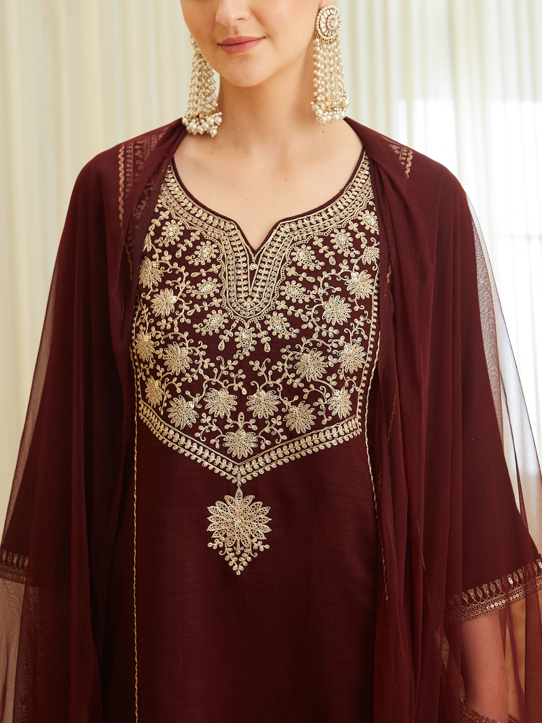 Coffee Silk Embroidered Anarkali Kurta Set with Dupatta | bothhand dupatta and neckside design view