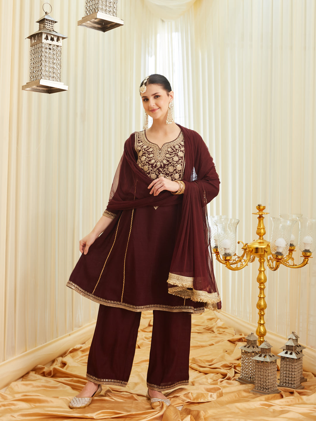 Coffee Silk Embroidered Anarkali Kurta Set with Dupatta | frontside full view