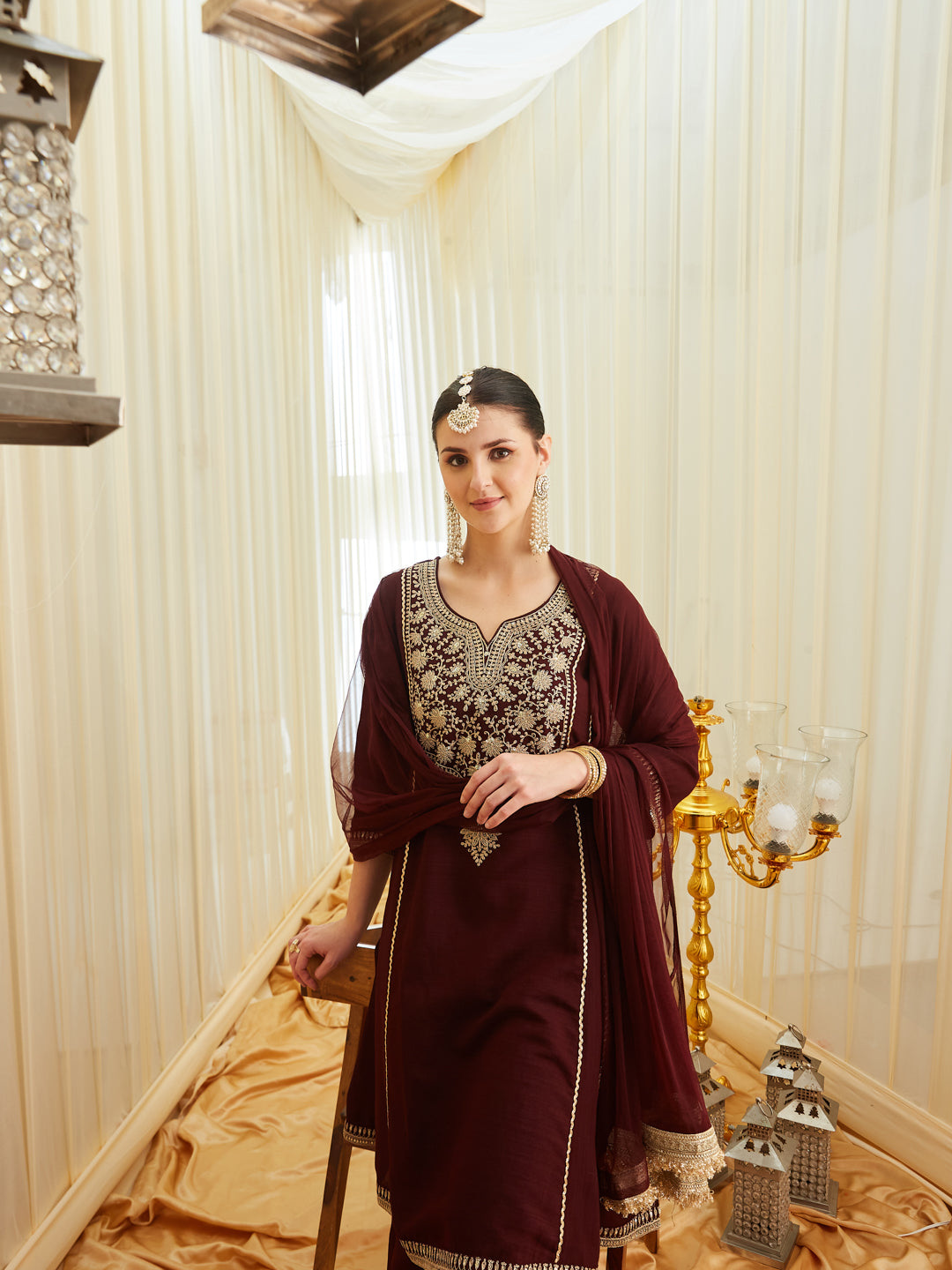 Coffee Silk Embroidered Anarkali Kurta Set with Dupatta