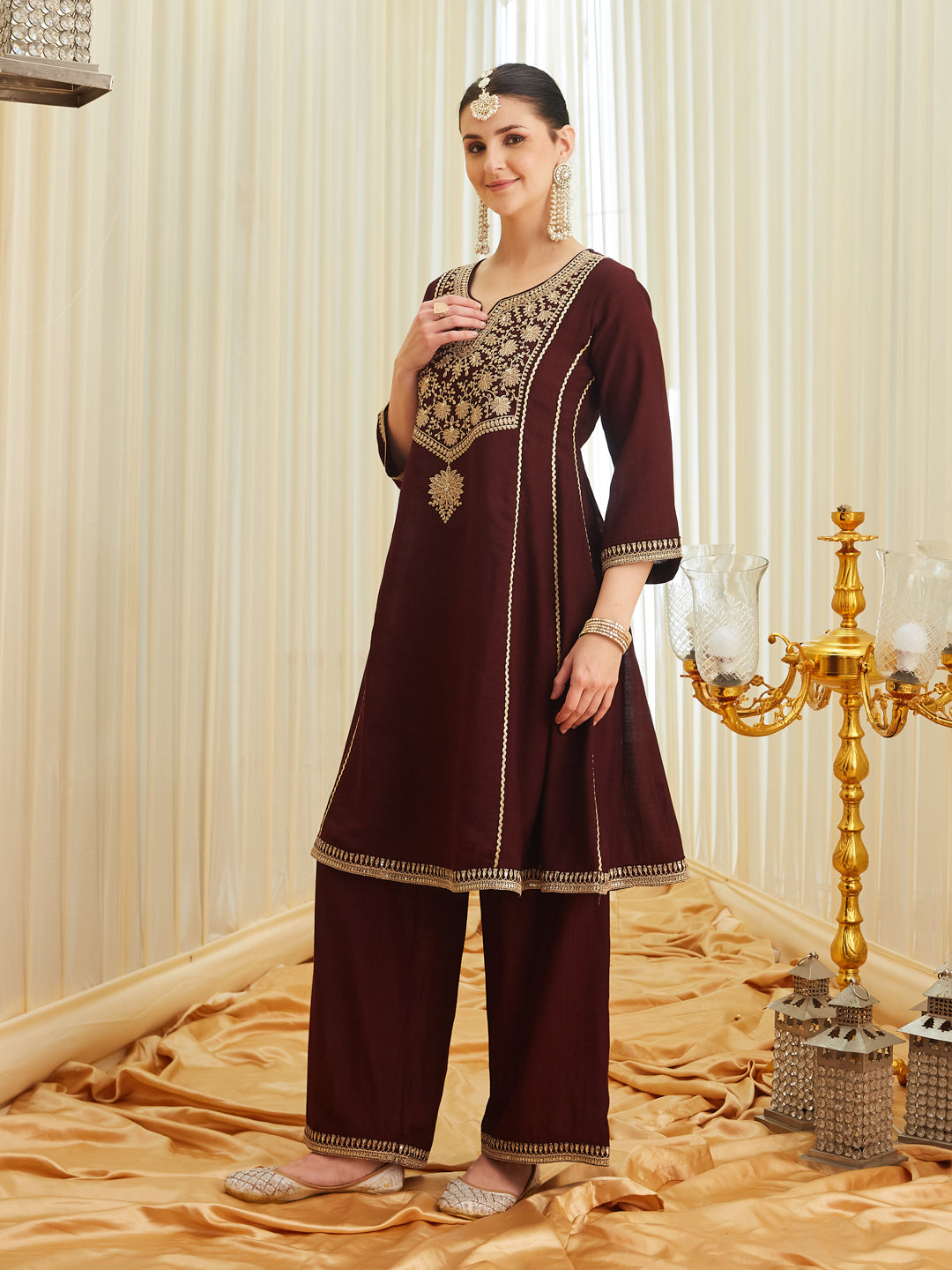 Coffee Silk Embroidered Anarkali Kurta Set with Dupatta