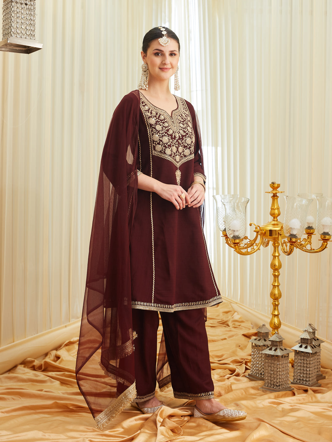 Coffee Silk Embroidered Anarkali Kurta Set with Dupatta