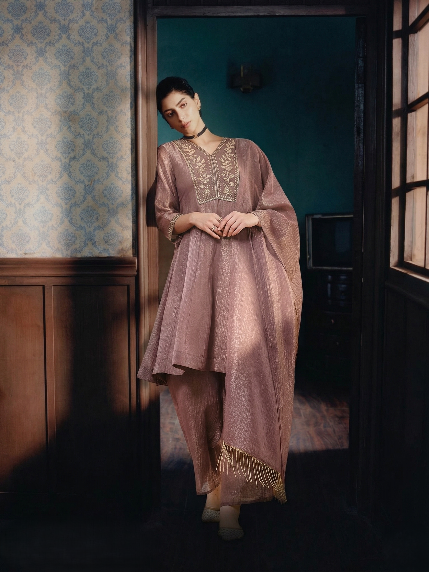 Mauve Embroidered Anarkali Suit Set with Dupatta for women