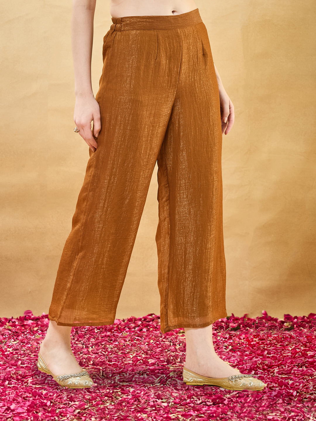 Golden Silk Anarkali Kurta Set with Pants & Dupatta For Women