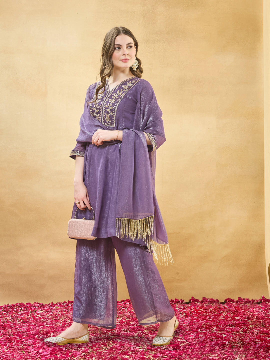 Violet Embroidered Kurta Set with Pants & Dupatta for Women