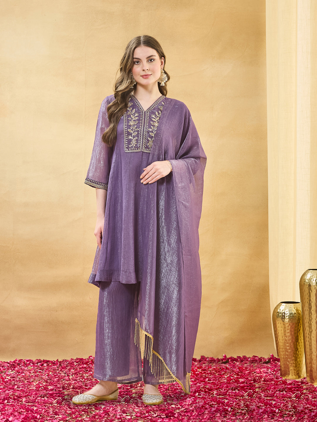 Violet Embroidered Kurta Set with Pants & Dupatta for Women