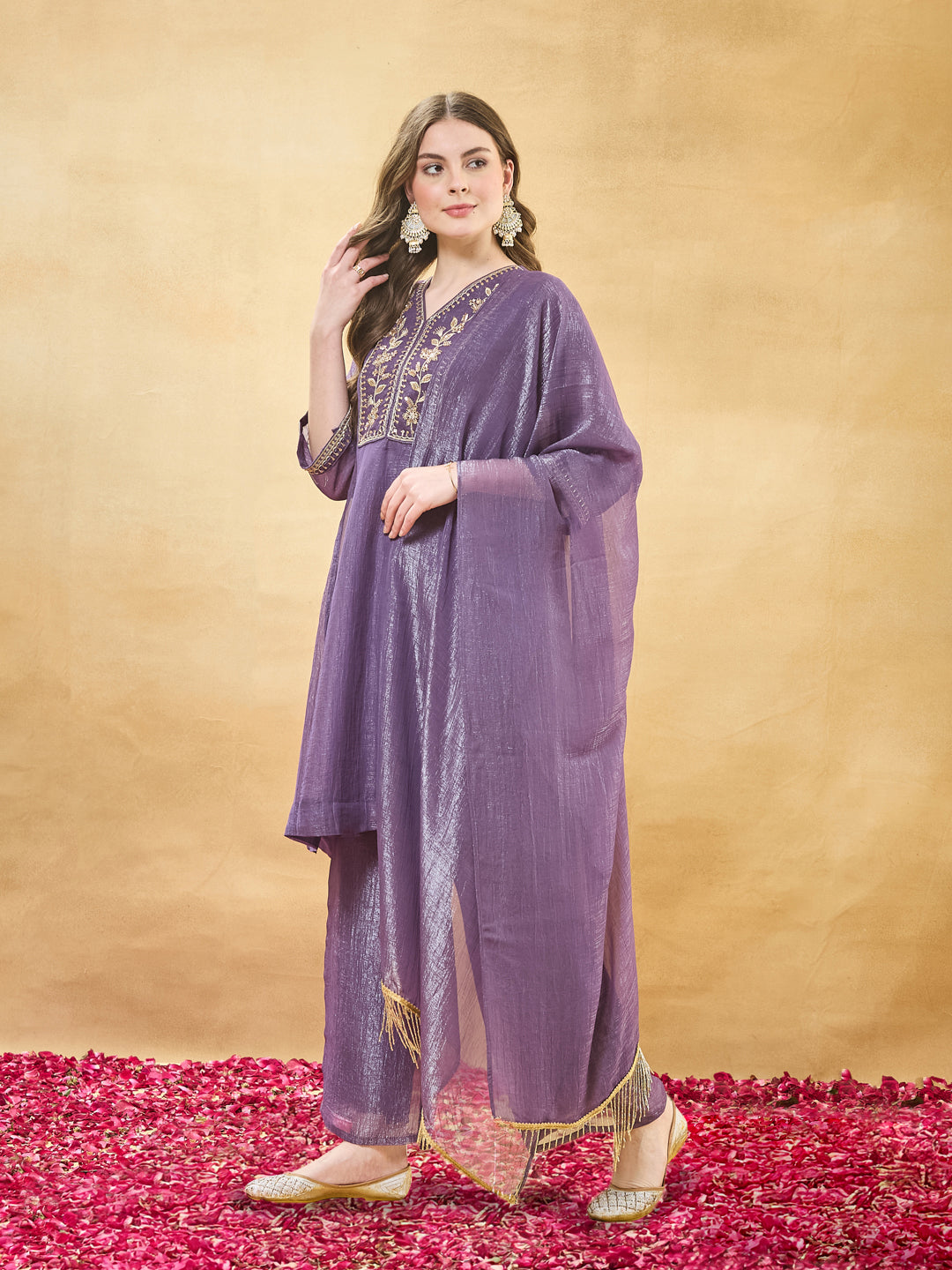 Violet Embroidered Kurta Set with Pants & Dupatta for Women