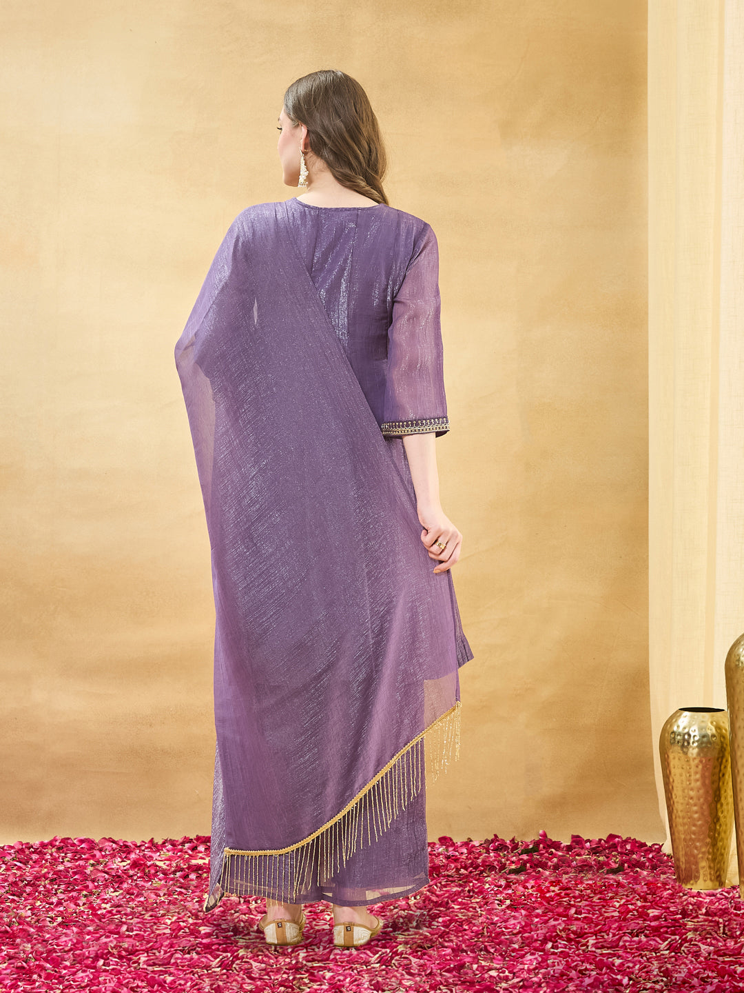 Violet Embroidered Kurta Set with Pants & Dupatta for Women