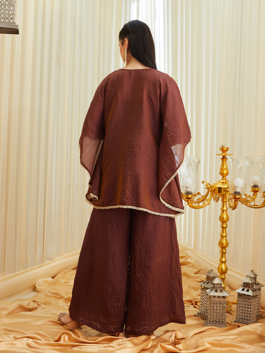 Coffee Brown Silk Embroidered Kaftan Palazzo Set for Women