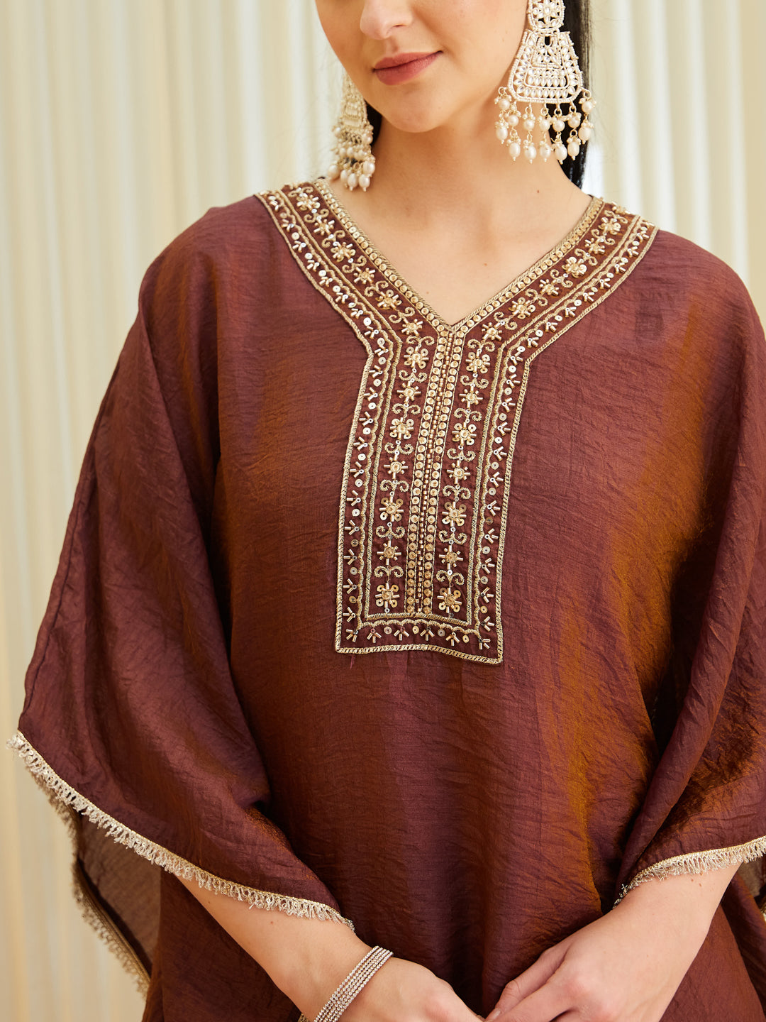 Coffee Brown Silk Embroidered Kaftan Palazzo Set for Women