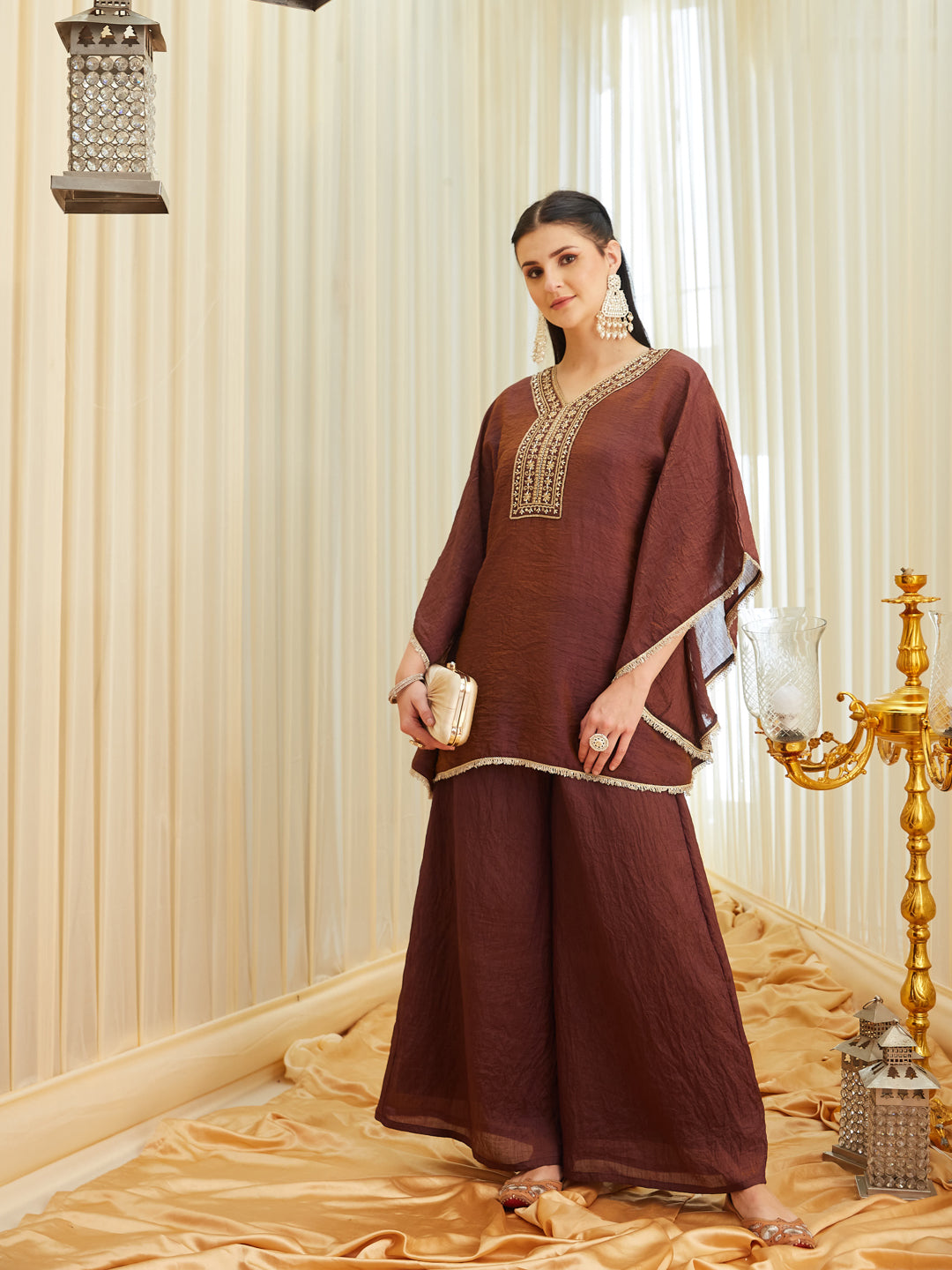 Coffee Brown Silk Embroidered Kaftan Palazzo Set for Women
