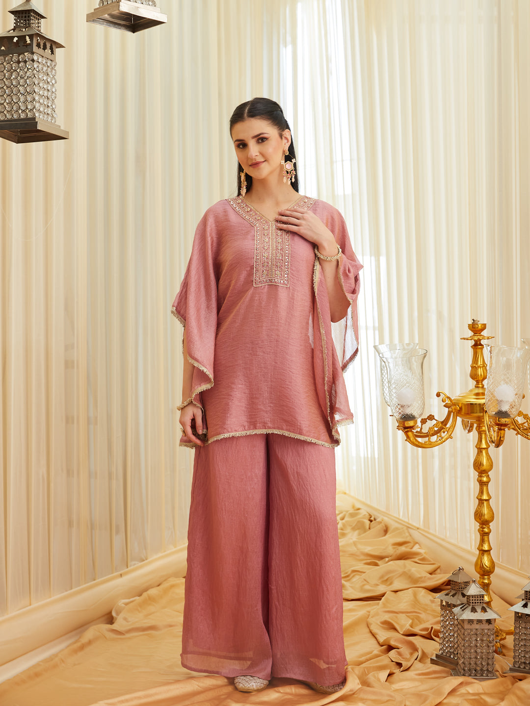 Pink Brown Silk Embroidered Kaftan Palazzo Set for Women