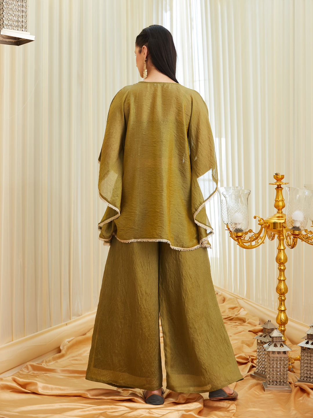 Green Brown Silk Embroidered Kaftan Palazzo Set for Women