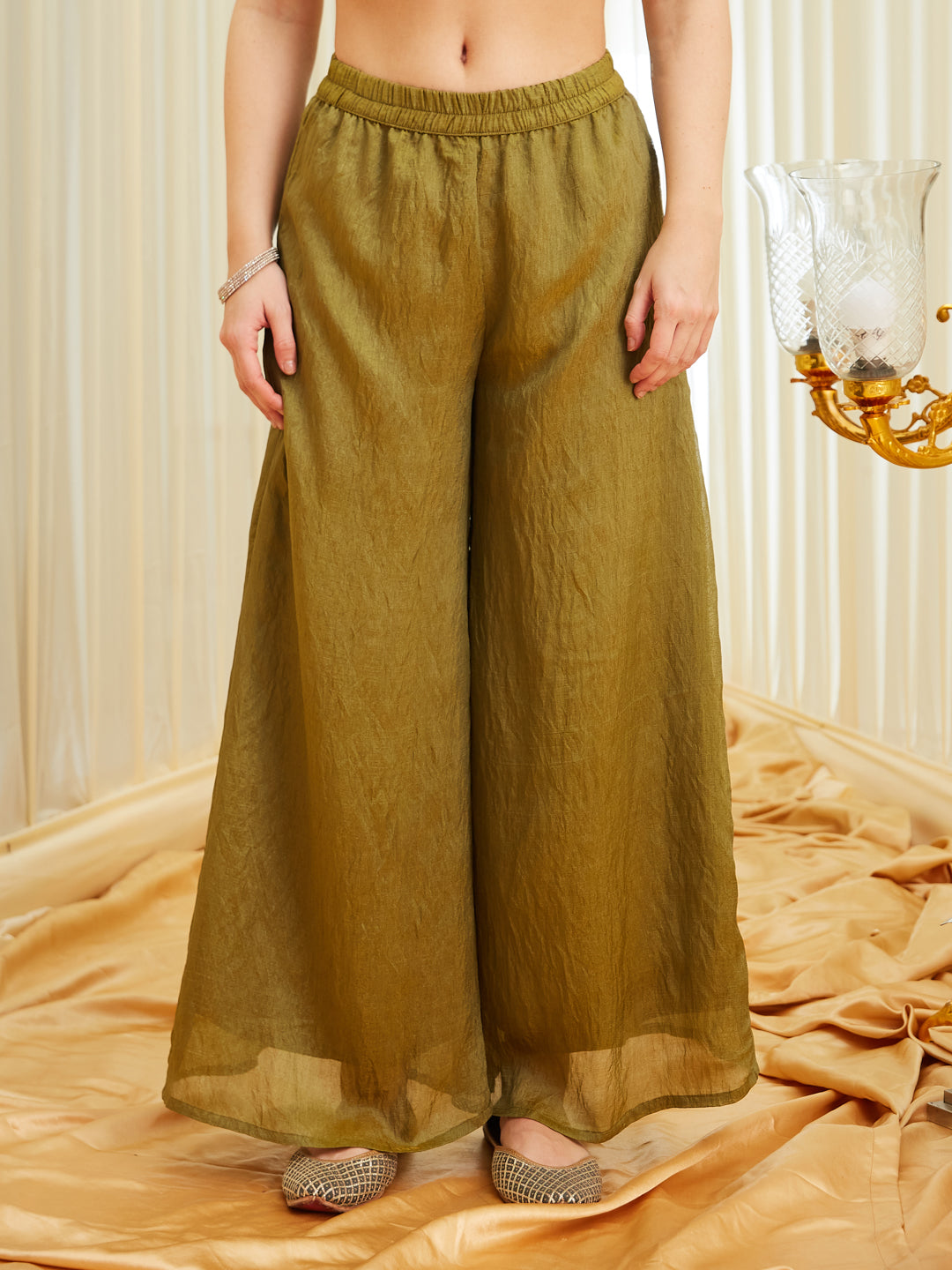 Green Brown Silk Embroidered Kaftan Palazzo Set for Women