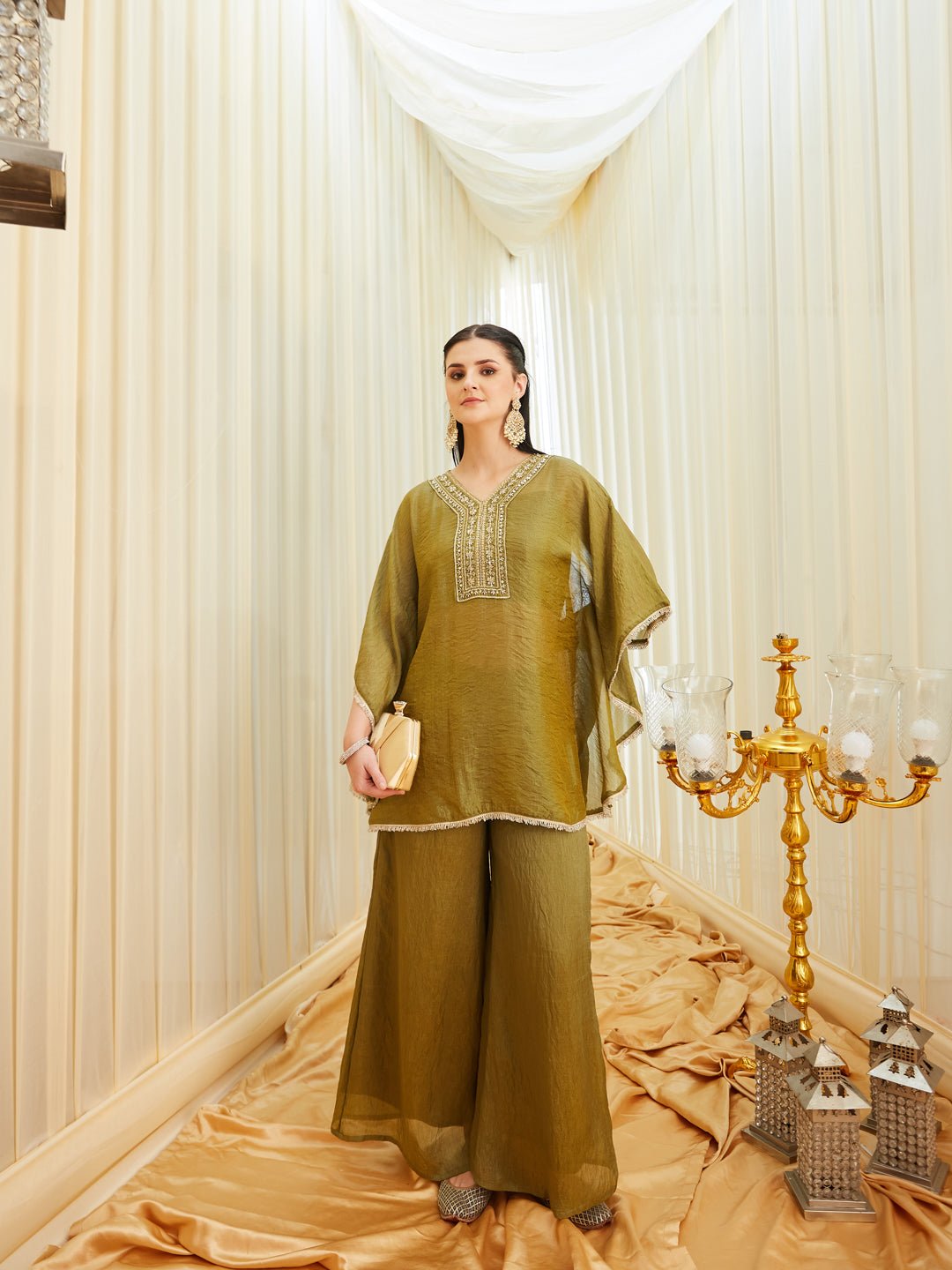 Green Brown Silk Embroidered Kaftan Palazzo Set for Women
